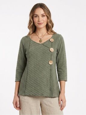 FENINI VTG Olive Green Ribbed 100% Cotton Top L Lagenlook Whimsigoth